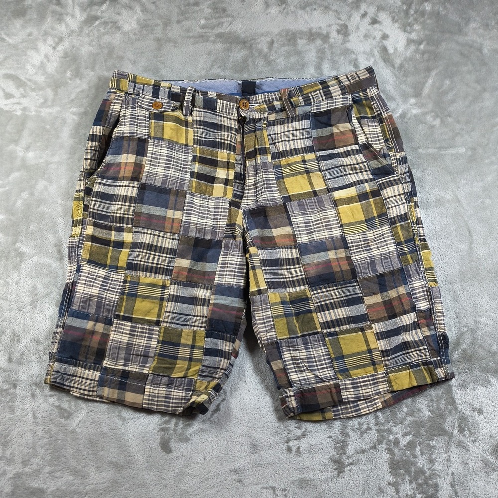 J Crew Field Shorts Mens 33 Blue Madras Plaid Patchwork Flat Front Chinos Casual